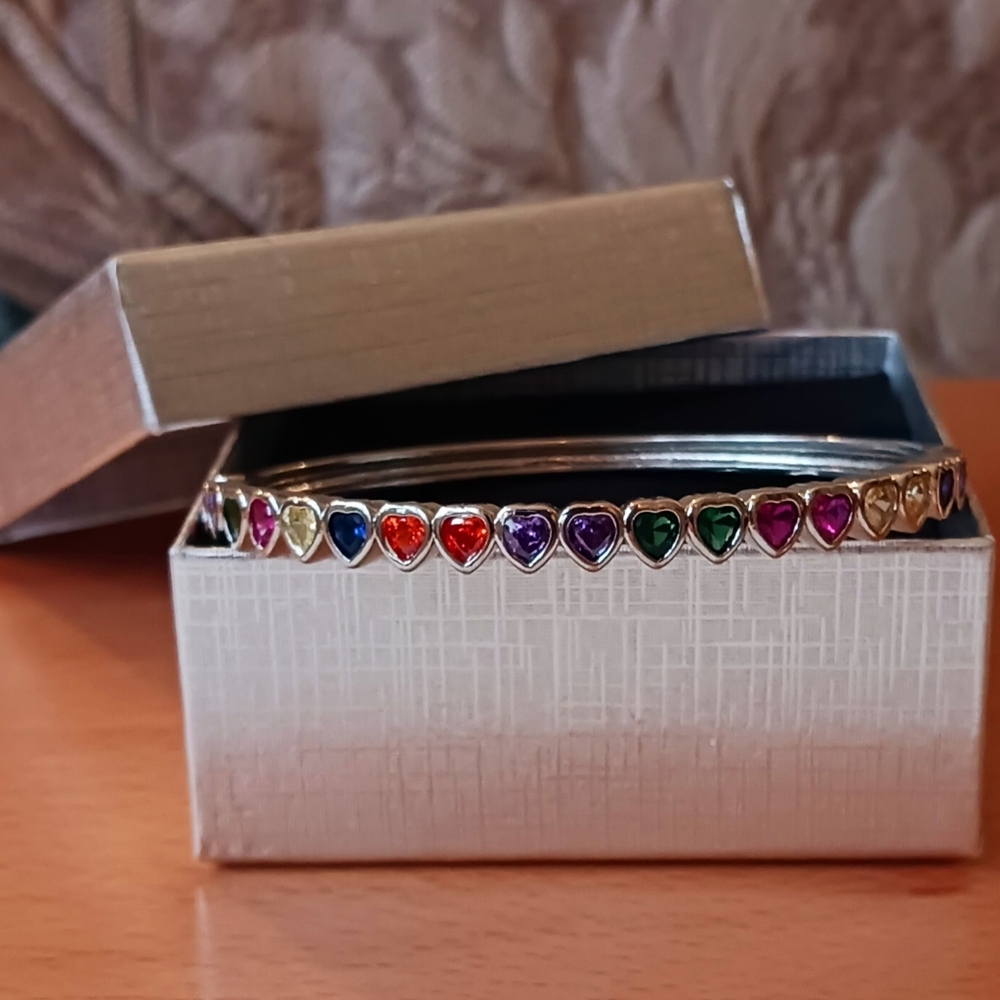 STERLING Silver Bangle Bracelet with Sparkling Colorful Heart Shaped Gemstones - Picture 5 of 15